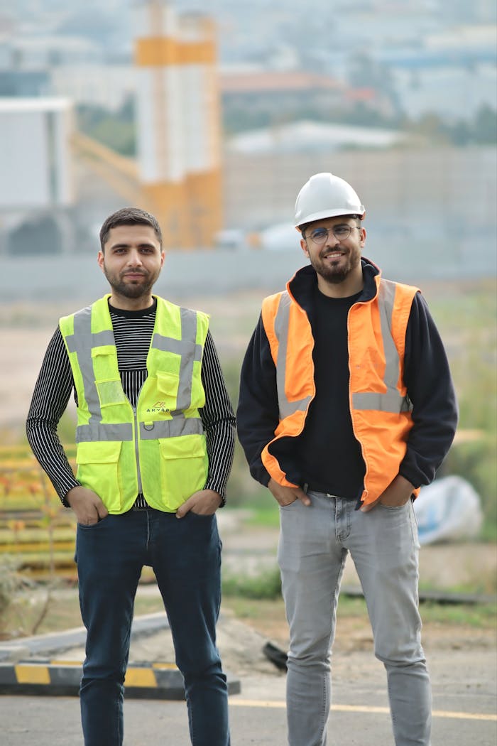 Two construction workers in safety gear at an outdoor site, showcasing teamwork.